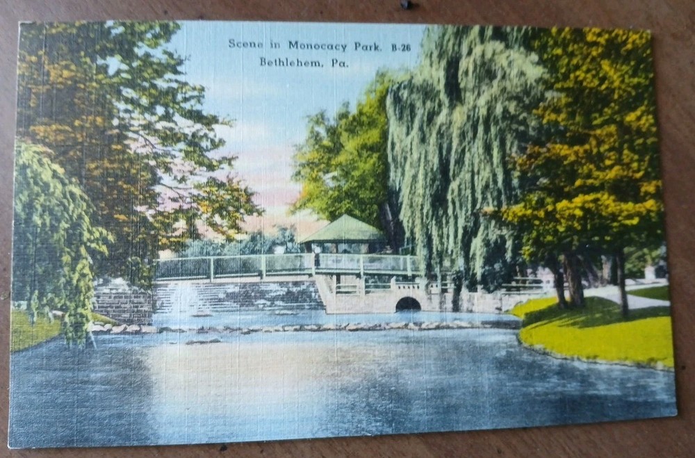 Scene In Monocacy Park,Bethlehem PA With Bridge Linen Postcard