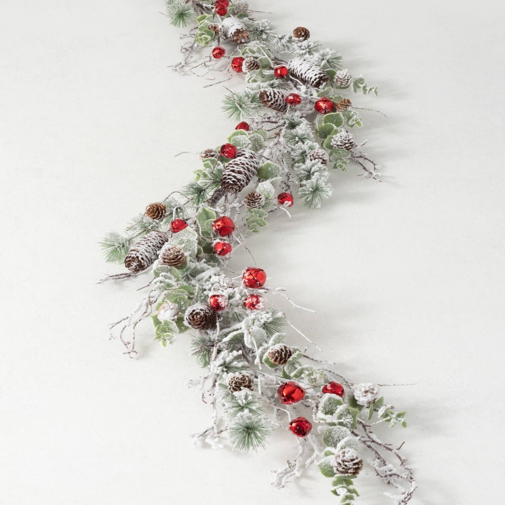 Lush Green Pine Garland Heavily Flocked with Bells 6 ft,