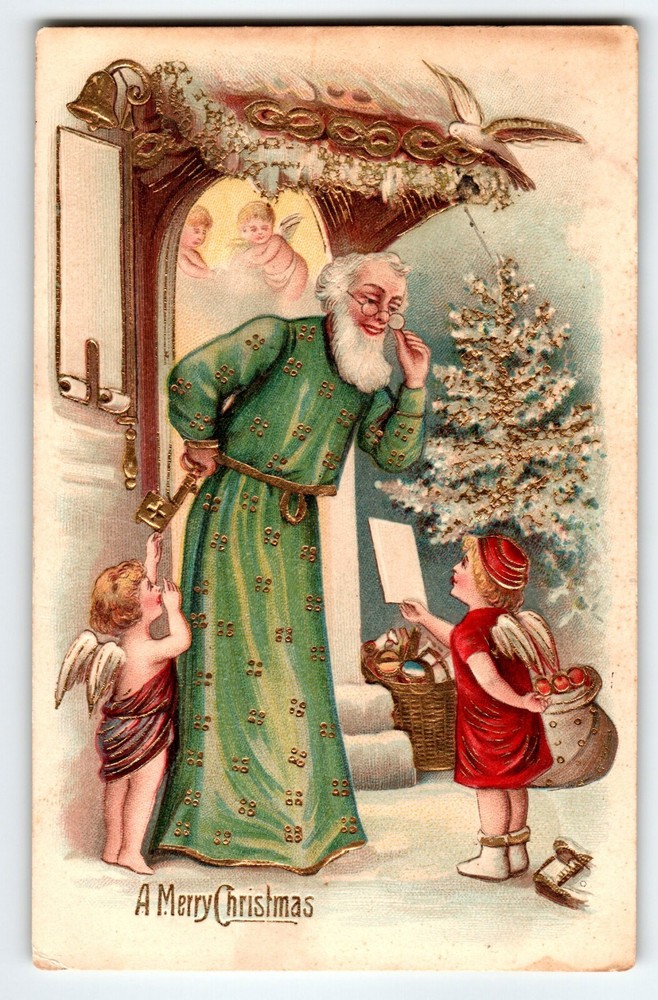 Santa Claus Green Coat Gold Old World Trimmed Postcard Cherubs Christmas Germany