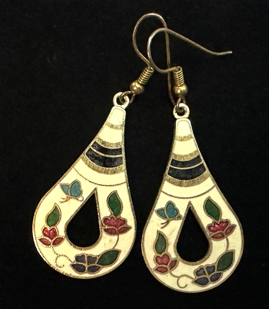 Vtg Costume Gold Tone Cloisonne Enamel Pierced Earrings Jewelry Lot I