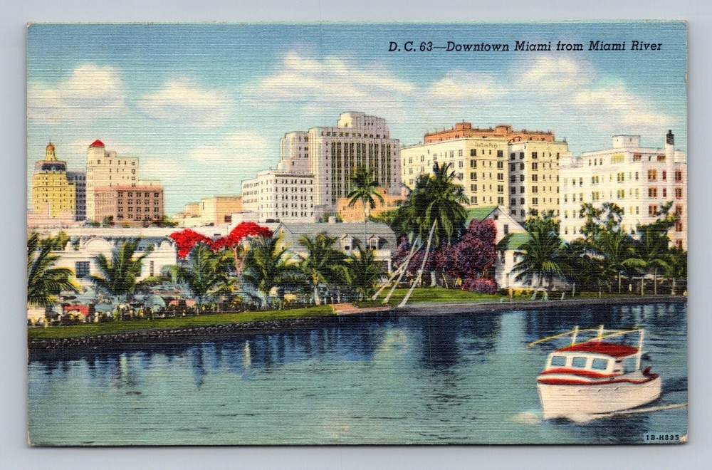 Vintage Linen Postcard Downtown Miami from Miami River 1940s
