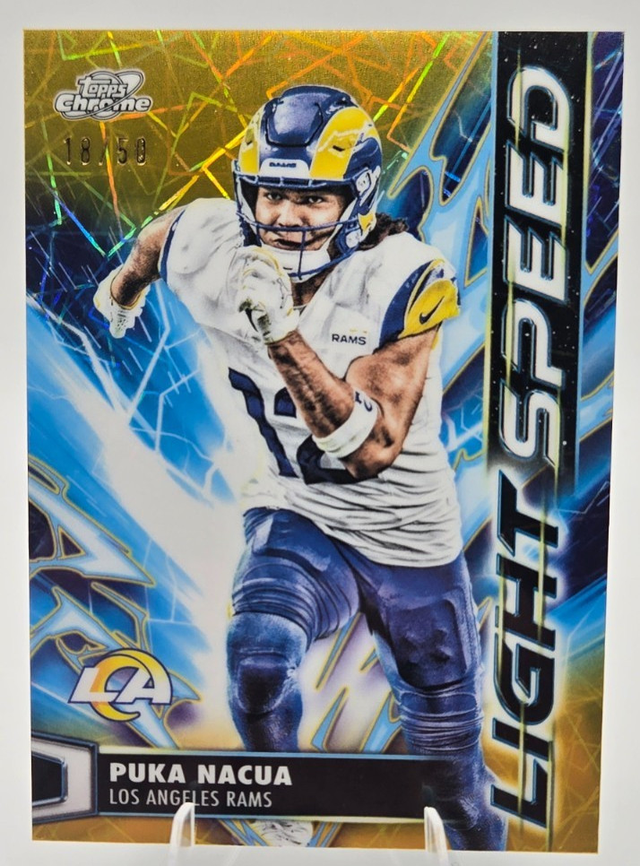 2025 Topps Chrome Cosmic Puka Nacua /50 Light Speed Gold Interstellar Refractor