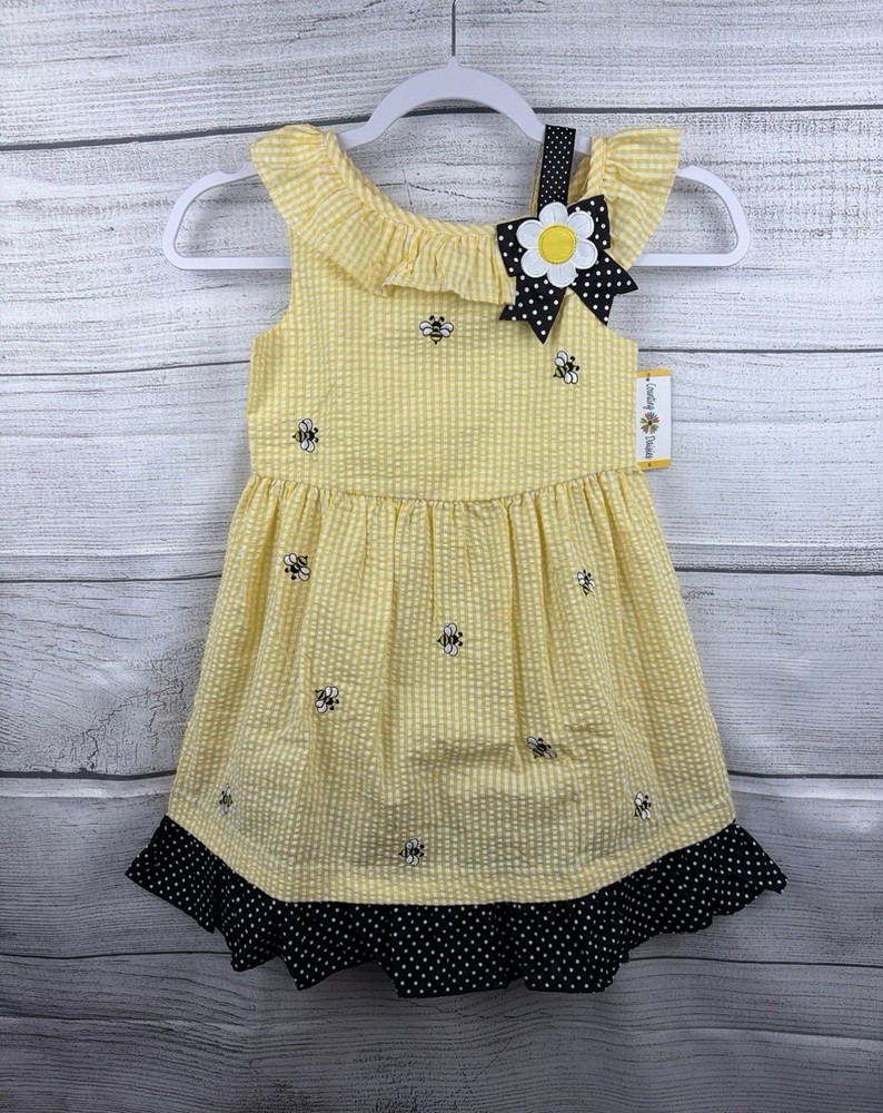 Counting Daisies Girls Knee Length Bee Daisy Gingham Sundress Strappy Size 6