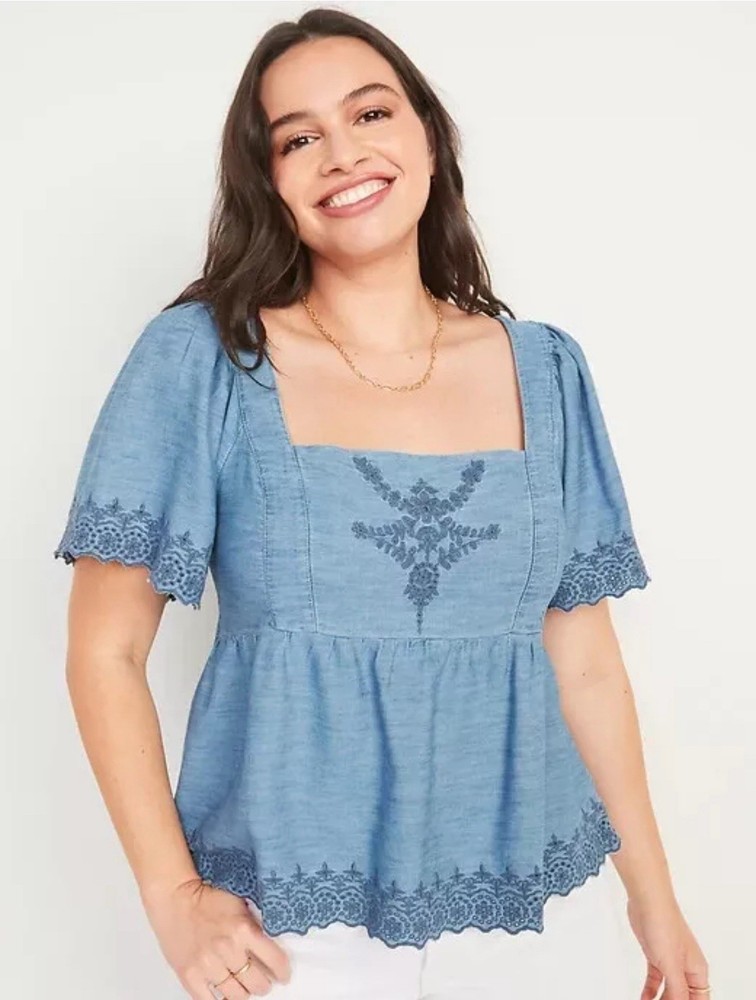 Old Navy Womens XL Boho Chambray Denim Flutter Sleeve Top Shirt Tie Back Boho
