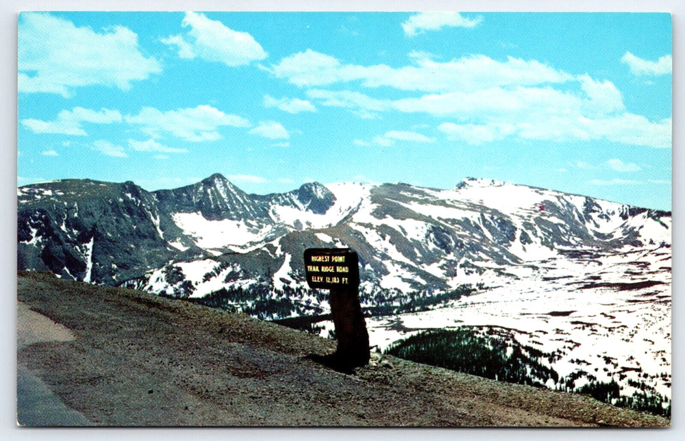 Rocky Mountain National Park Mountains Snow Sign Road Vintage Photo Postcard