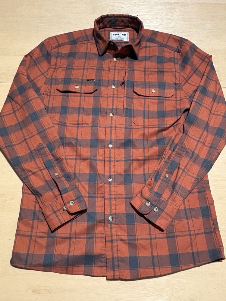 PONCHO Men's L Buffalo Plaid Flannel Button-Up Shirt Long Sleeve Magnetic