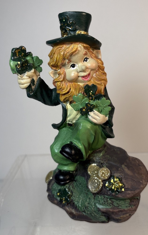 Lucky The Leprechaun w/Shamrock Clover Gold Coins Figurine St Patrick's Day 5”T