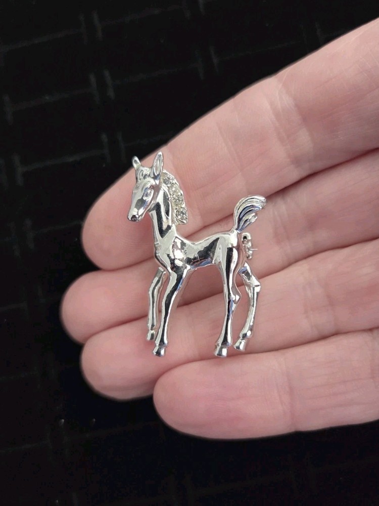 Vintage COLT HORSE Brooch Pin  Gold Tone Rhinestone Mane Pony