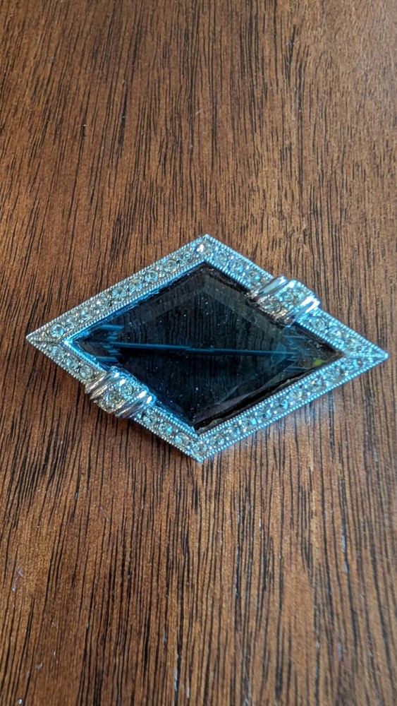 VTG Donald Stannard Brooch Big Blue Stone Center W/Clear Rhinestones RS8