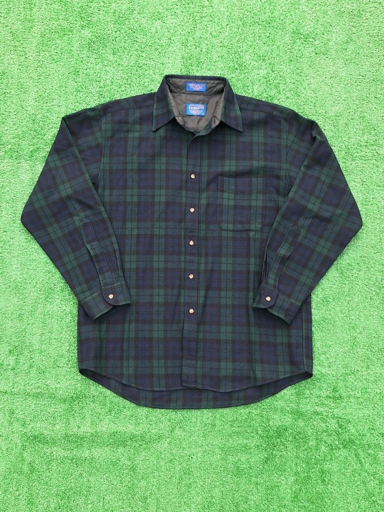 Vintage 90s Pendleton Wool Flannel Black Tartan Plaid Large Button Up Shirt