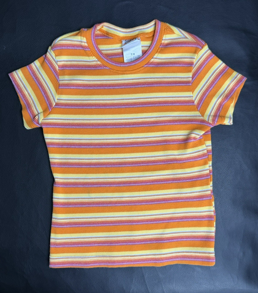 Vintage 90s Baby Tee Y2K Glitter Ribbed Striped Shirt Orange XS Tiny Top Retro