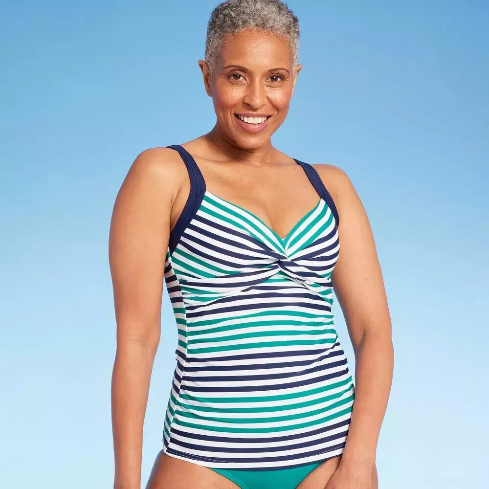 Lands' End Women's UPF 50 Twist-Front Underwire Tankini Top Blue Green Size 6