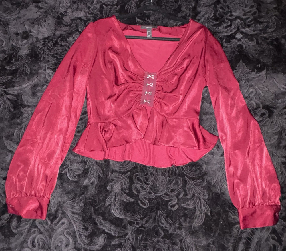 Forever 21 Burgundy Satin Peplum Blouse V-Neck Long Sleeve Ruffle Size L