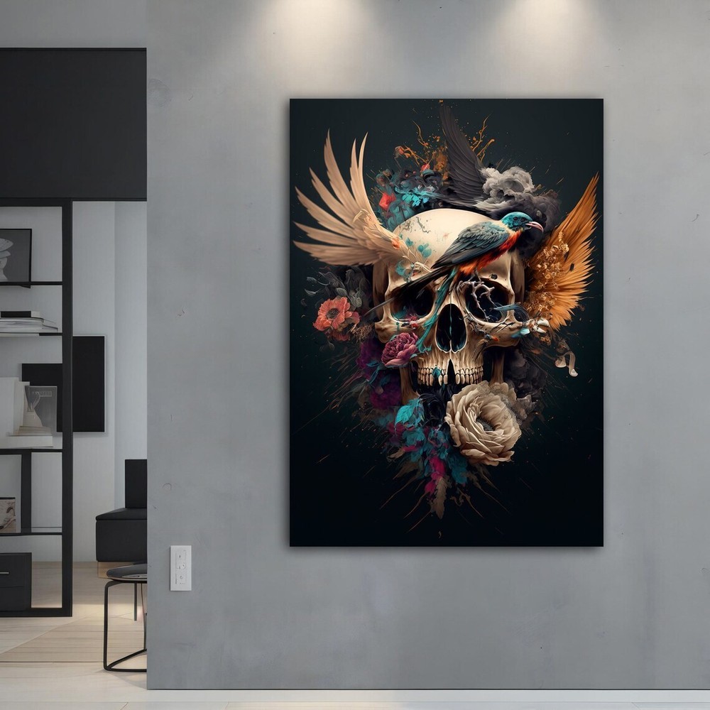 Modern Skull Floral Design Art Black Unframed Canvas Print Australian Wall Art