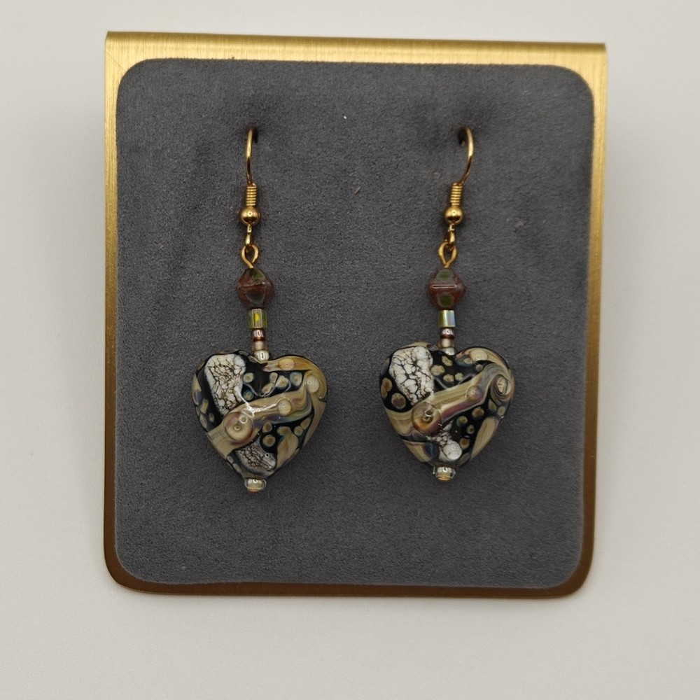 Handmade Artisan Glass Heart Gold Tone Hook Dangle Earrings