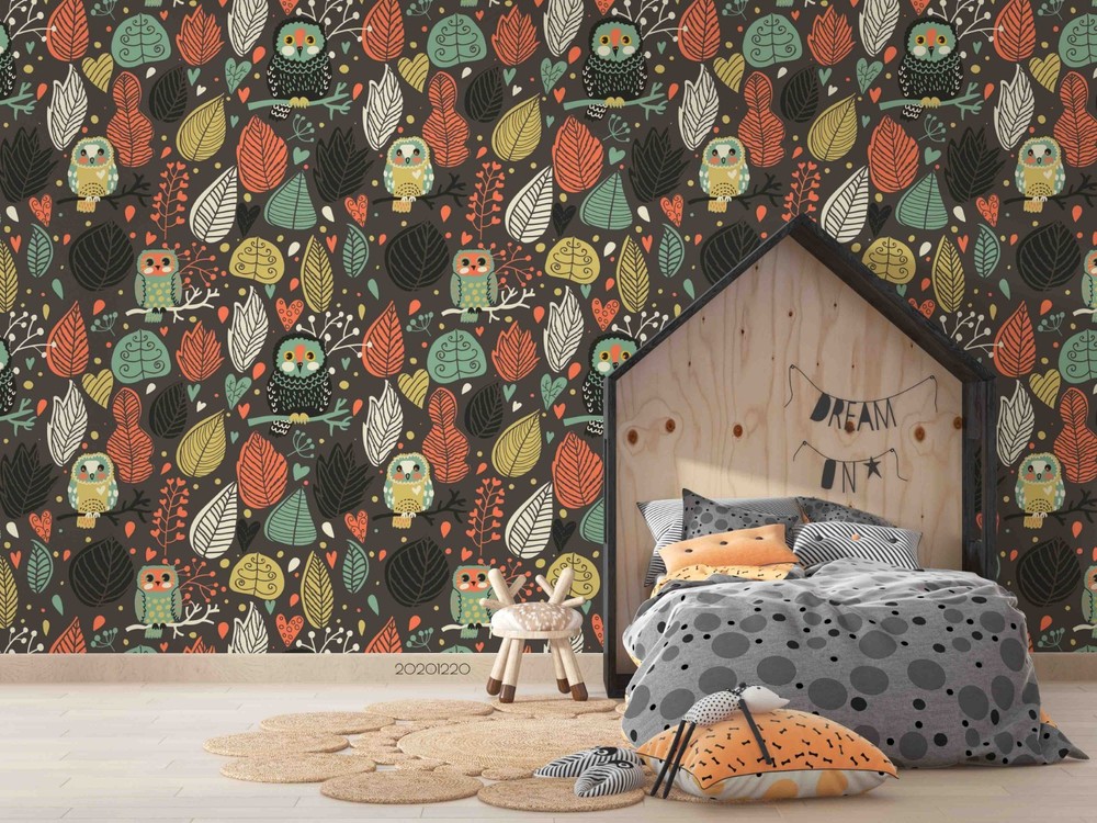 3D Owl Autumn Leaf Cartoon Pattern Wall Murals Wallpaper Murals Wall Sticker