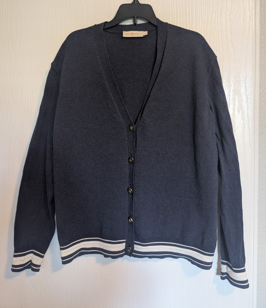 Tory Burch Women’s Blue Knit V-Neck Button Front Striped Hem Cardigan L