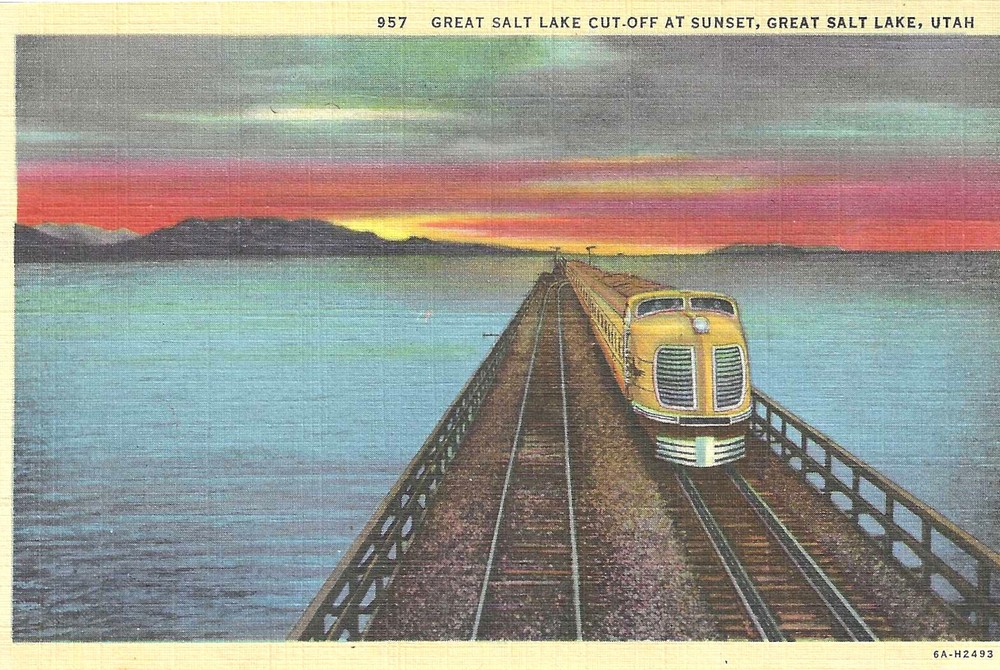 Great Salt Lake Utah Railroad Cut Off At Sunset WB Linen Postcard Unposted Train