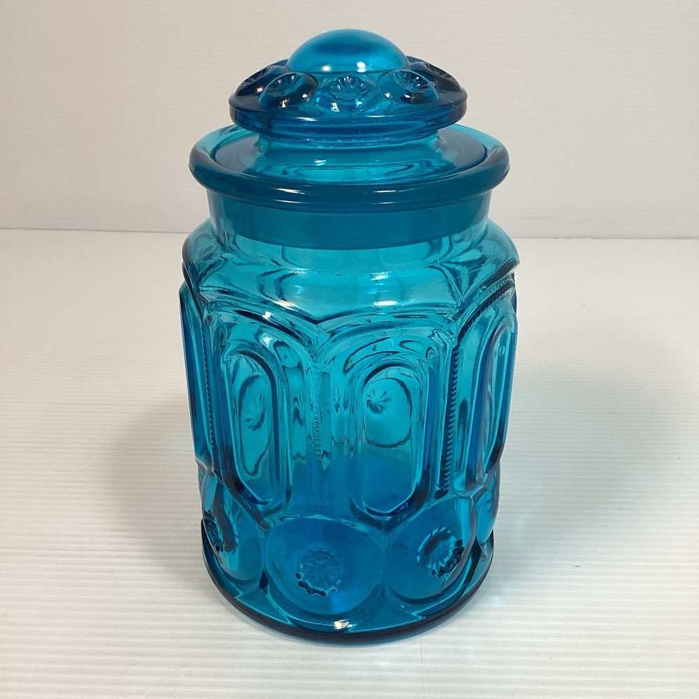 Vintage L.E. Smith Moon & Stars Blue Glass Canister With Lid 9.25” Tall