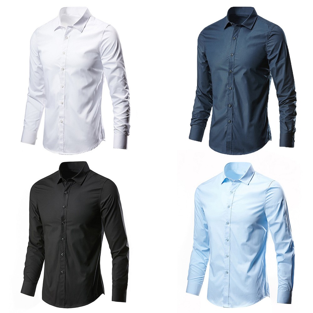 Men's Stylish Long Sleeve Solid Shirts Slim fit Button Up Business Shirt Tops