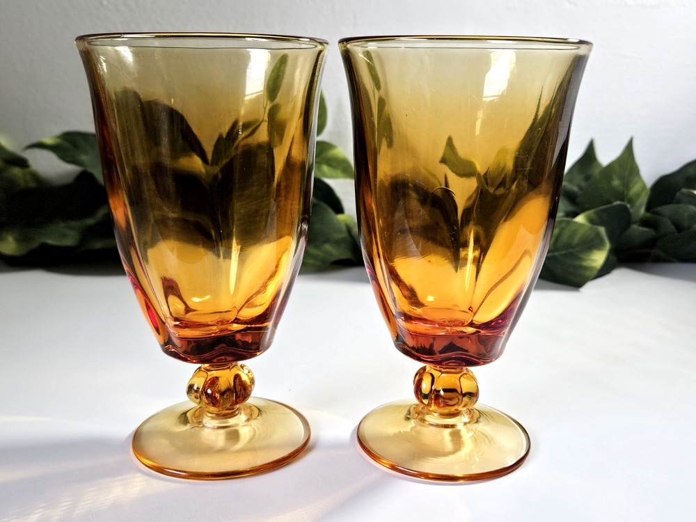 Tiffin-Franciscan Desert Red Amber Heavy Crystal Iced Tea Glasses Stem #115 EUC!