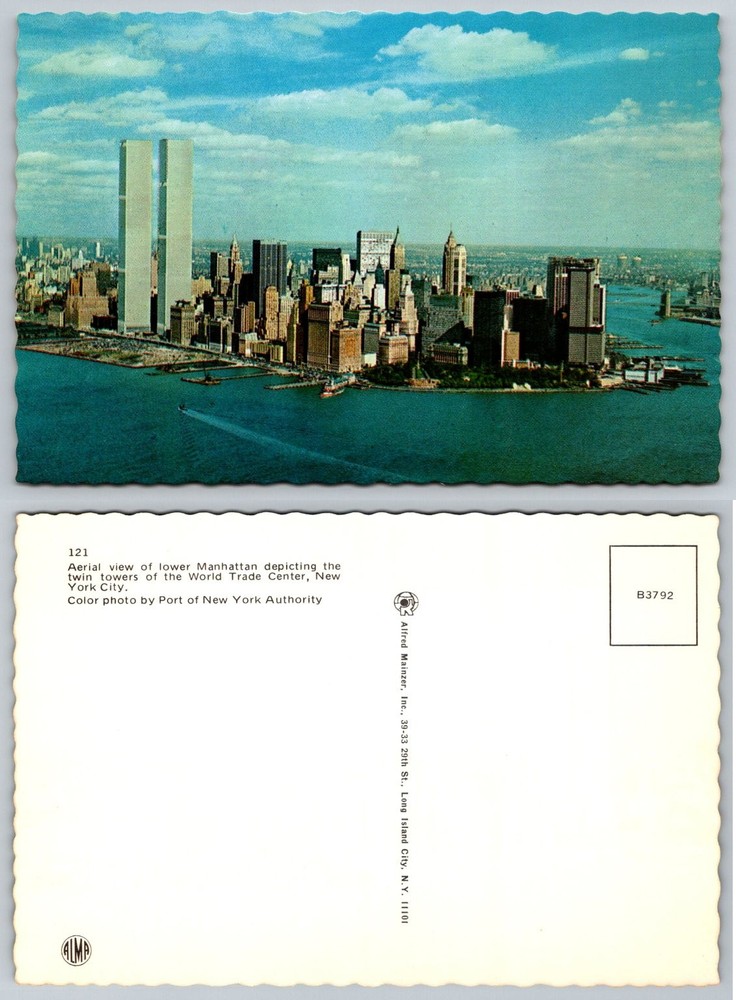 WTC Twin Towers NYC Aerial View Postcard Lower Manhattan Alfred Mainzer