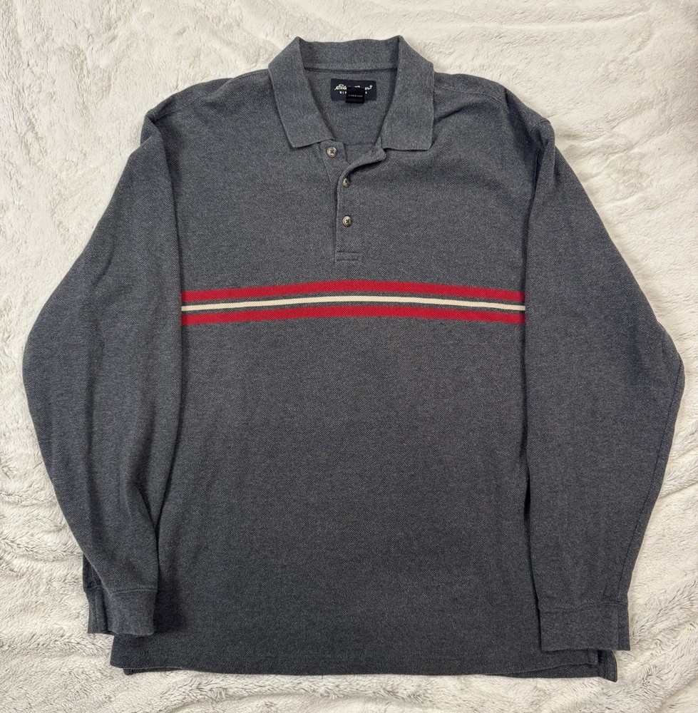 Vintage Eddie Bauer Long Sleeve Collared Polo Sweater Gray Red Stripe XL