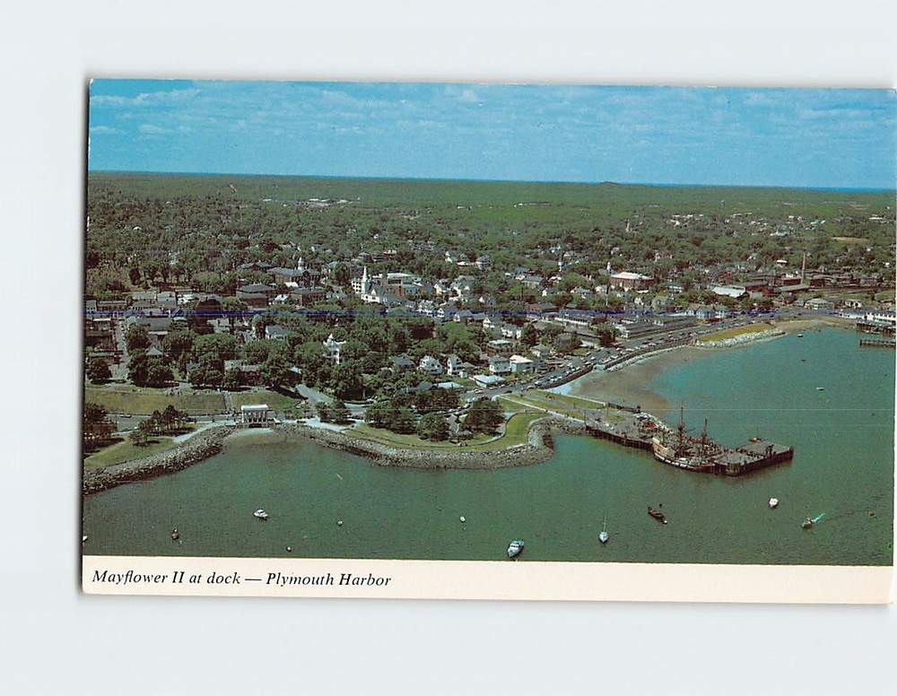 Postcard Mayflower II at Dock Aerial View of Plymouth Massachusetts USA
