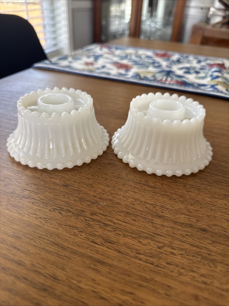 PAIR OF WHITE MILK GLASS BEADED LOOK CANDLE HOLDERS DISHES WEDDING PARTIES