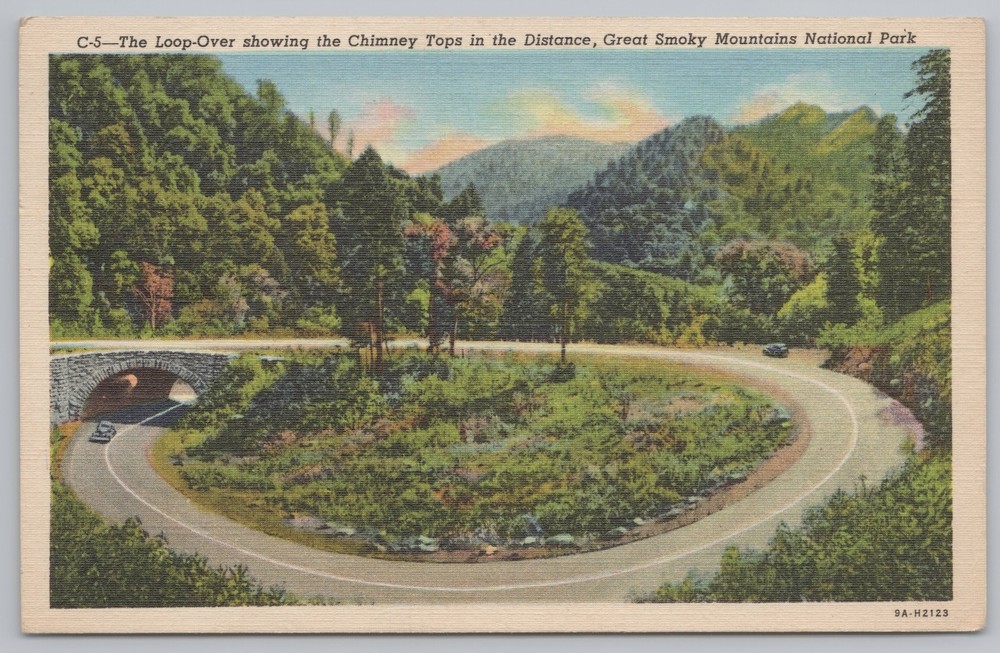 Linen~Loop Over & Chimney Tops Great Smoky Mts~Vintage Postcard