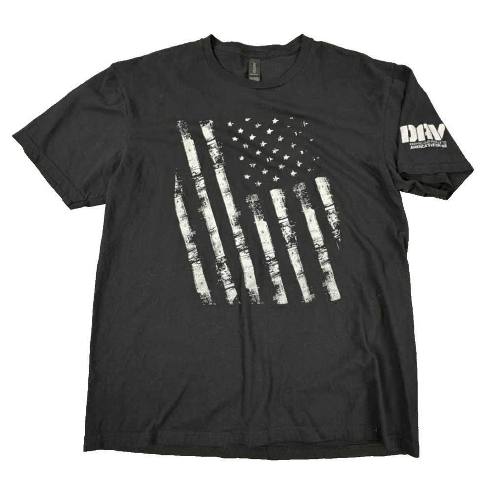 Gildan Men L T Shirt Black Distressed American Flag Patriotic DAV Veteran Tee