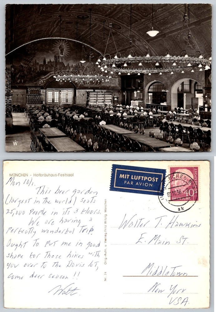 Hofbräuhaus Festsaal Munich Germany Vintage Postcard 1966 Airmail Posted