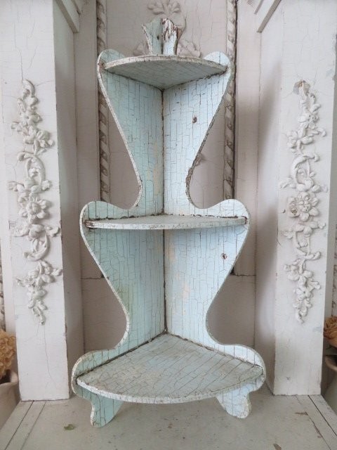 Old Vintage Wood AQUA CORNER SHELF 3 Tier Original Crackly Chippy Paint Patina
