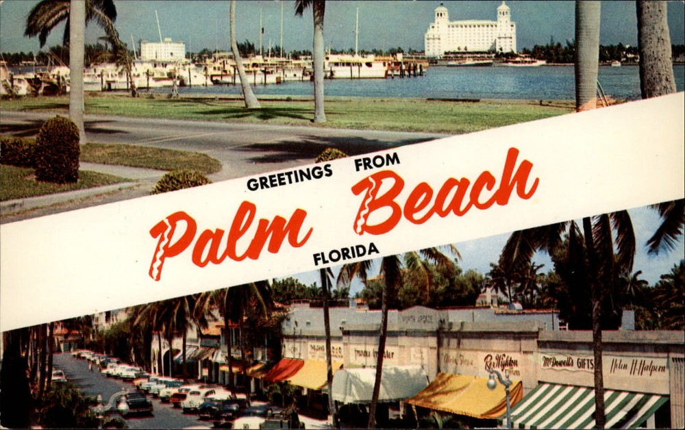 Greetings from Palm Beach Florida two views ~ 1950s-60s vintage postcard