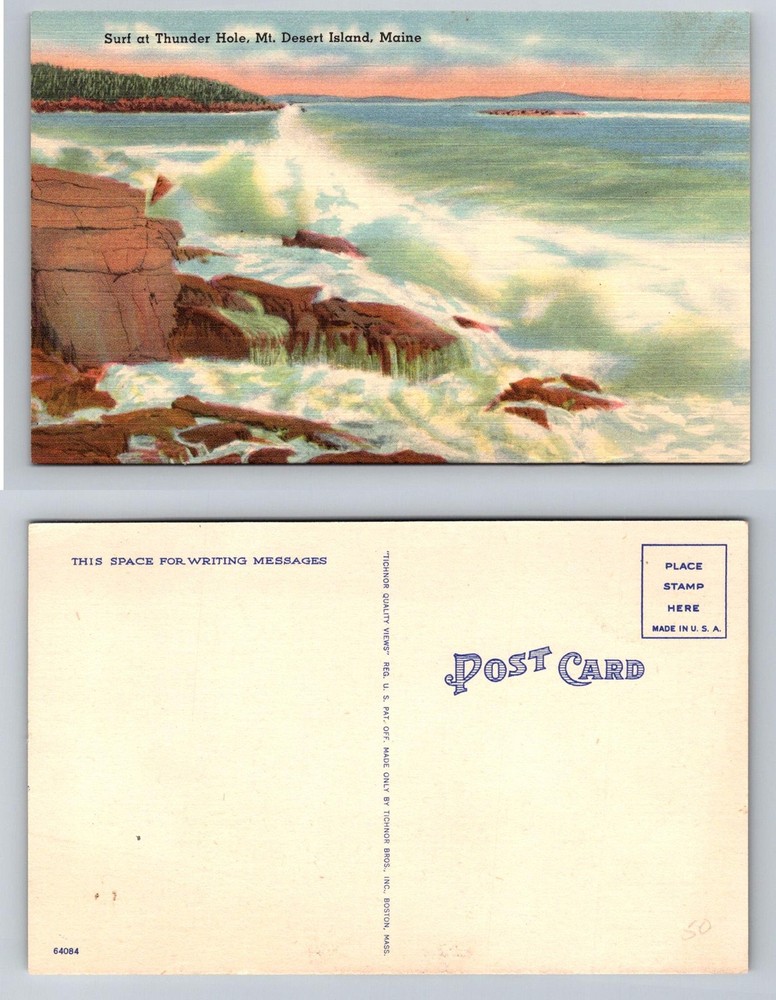 Bar Harbor, ME-Maine, Thunder Hole Surf Crashing Waves Vintage Postcard