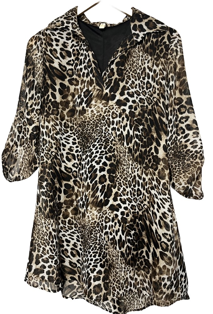 My Beloved Top Leopard Sheer Tunic Blouse Brown Lined Women Large Trap Mob Wife
