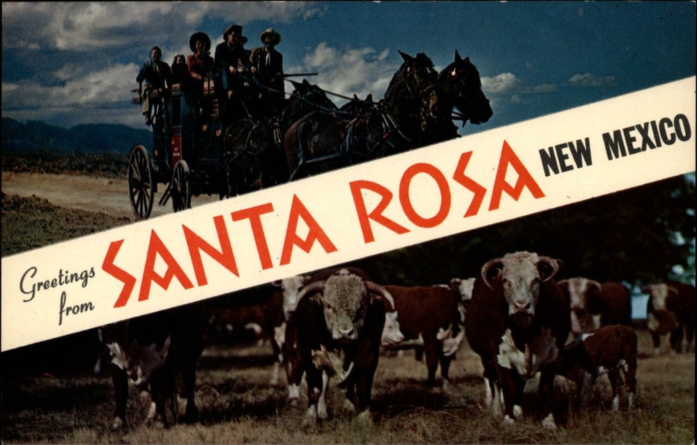 Greetings from Santa Rosa New Mexico cattle horses stagecoach flag ~ postcard