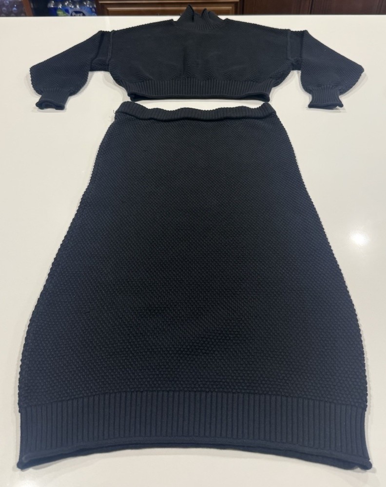 Free People 2 Piece Knit Set Skirt & Crop Top Black Textured Size S Cozy Lounge