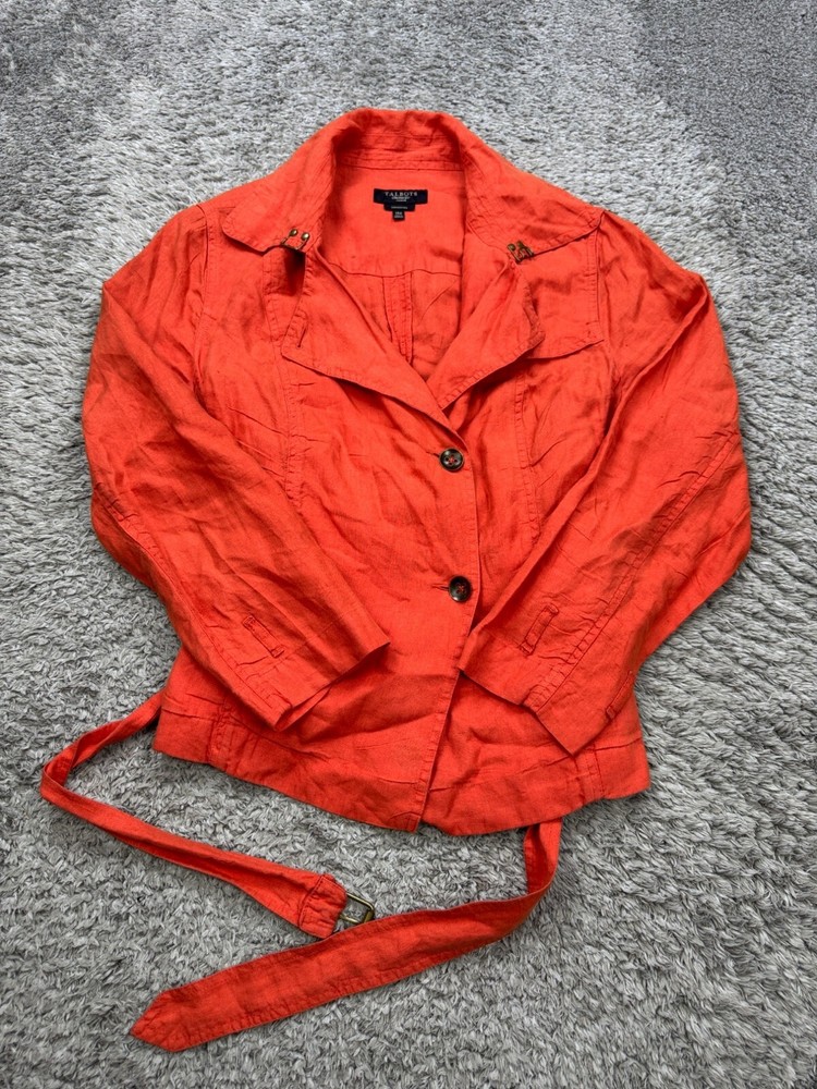 Talbots Jacket Women 14 Petite Orange Pure Irish Linen Belted Military Style Y2K