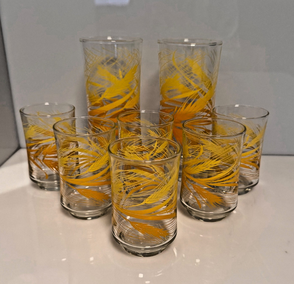 Set of 8 Vintage Libbey Golden Wheat Harvest Glass - 2 16 oz Coolers and 6 Juice