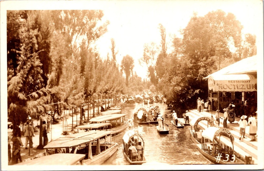 Mexico City Xochimilco Canal Water Taxi Restaurant Moctezuma RPPC Postcard 35642