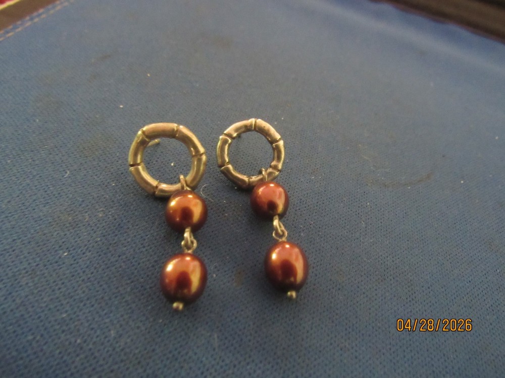 Vintage Sterling Silver Ruby Red Beaded Circle Design Pierced Post Stud Earrings