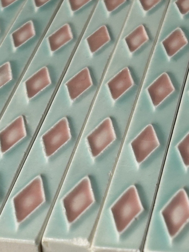 HR Johnson Antique Art Deco Liner Tiles  Light Aqua Blue With Rose Diamonds