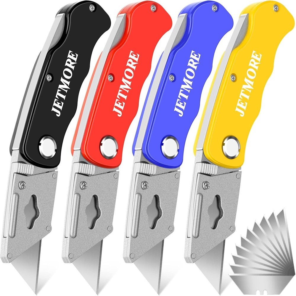 4 Pack Folding Utility Knife with 10 Extra Blades for Home Office and Work