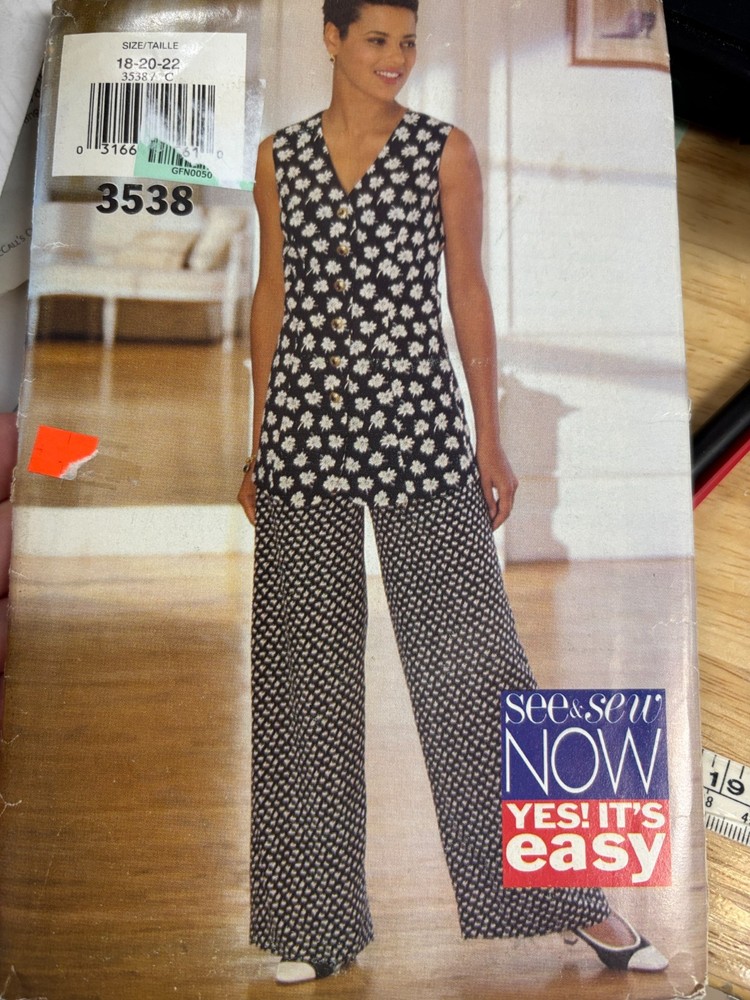 See & Sew 3538 Sewing Pattern: Wide-Leg pants & Tunic, Misses Size 18-22,  UNCUT