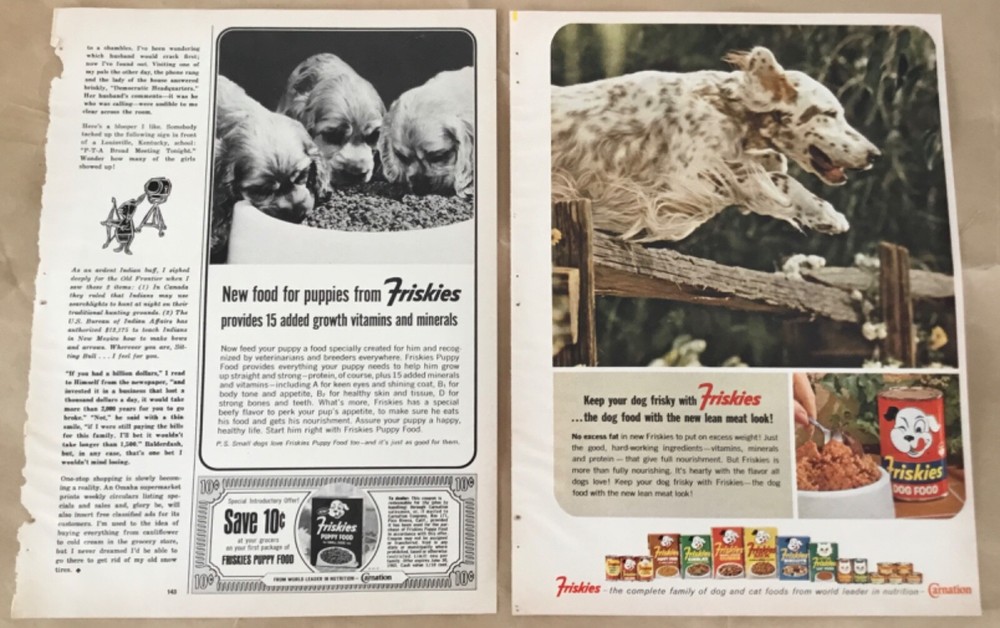 Friskies dog food print ad 1964 orig vintage 60s retro photo art puppies coupon