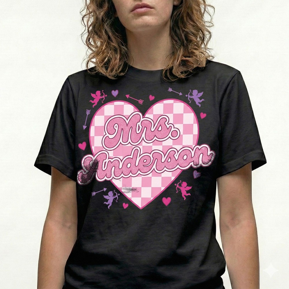 Custom Valentine T-Shirt Pink Checkered Heart Valentines Day Teacher Tee