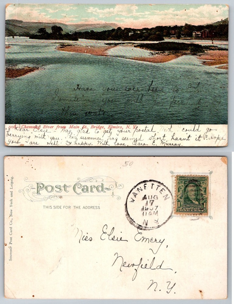 1907 Elmira NY Chemung River Main St Bridge Hand-Colored Postcard Souvenir