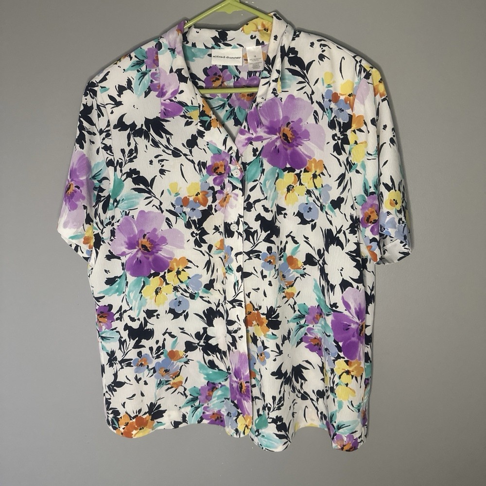 Alfred Dunner Womens Button Up Top Plus Size 16 Floral Short Sleeve Shirt