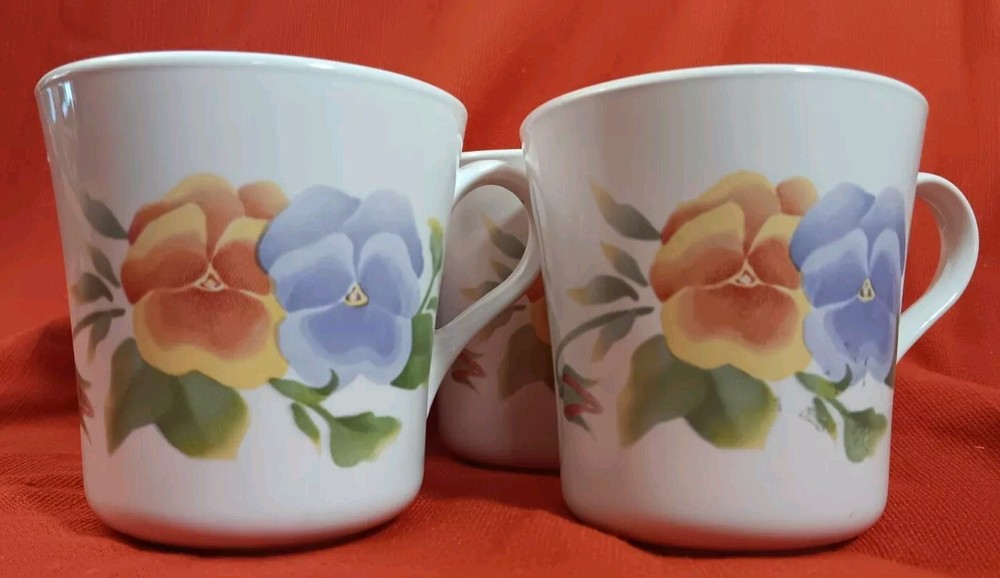 Corelle Corning Ware Summer Blush Set of 4 Coffee Tea Cups Mugs Pansies Flowers